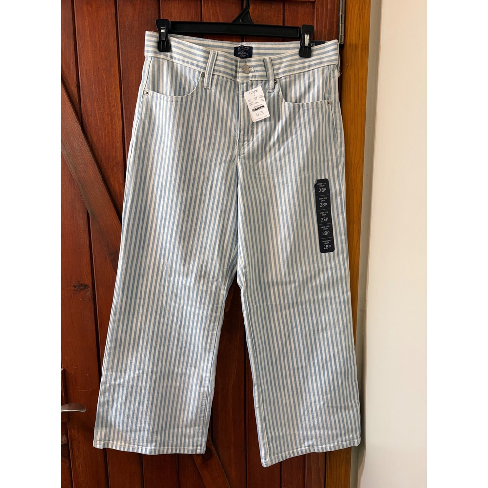 J.Crew Wide Leg Crop Jeans 28P Blue White Striped High Rise Denim Pants NEW